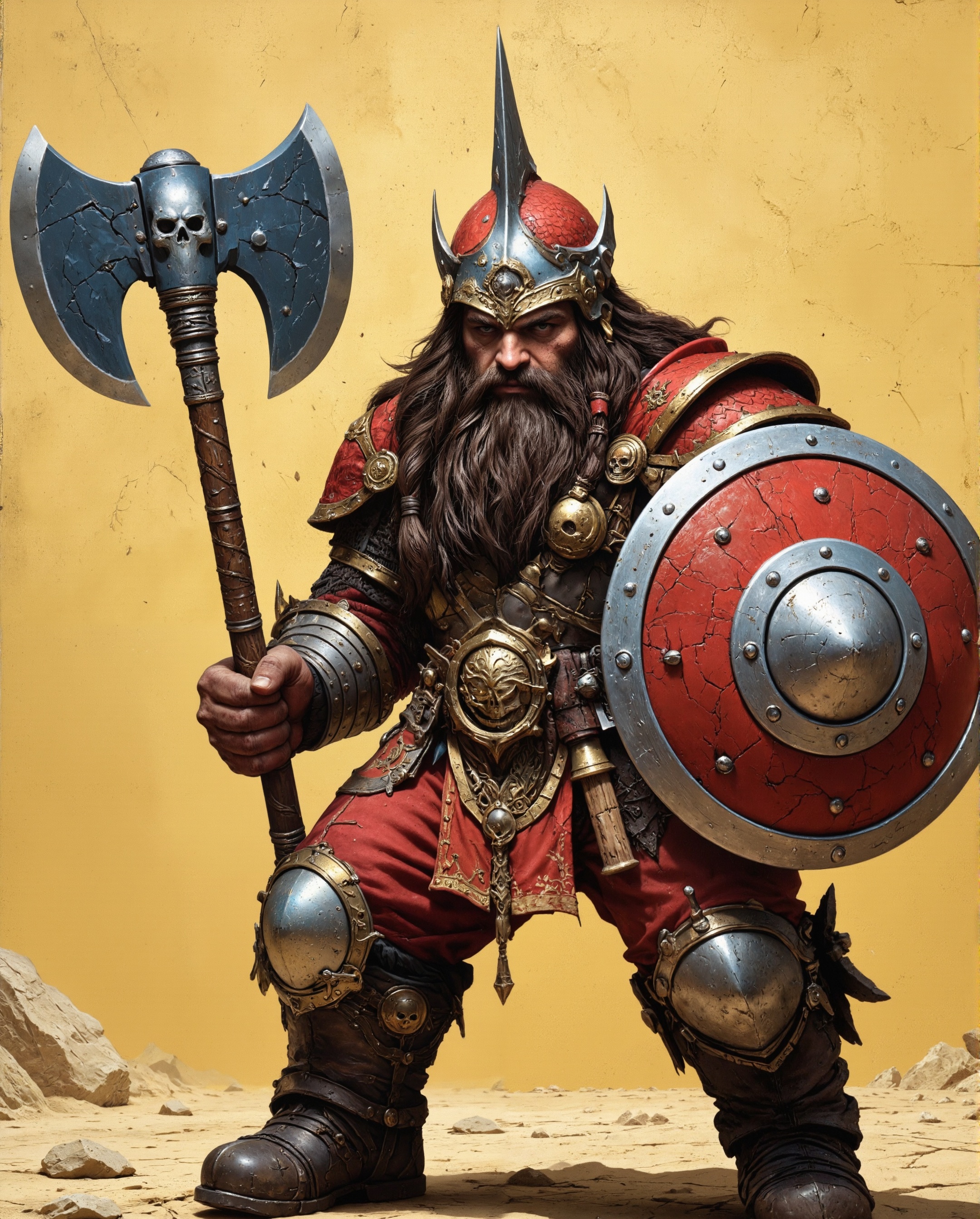 a dwarven warrior with a commanding and menacing appearance, exuding a sense of authority and power. The dwarf is depicted in a stylized, fantasy art style, which emphasizes bold colors, exaggerated features, and intricate detailing.  The dwarf's most striking feature is his towering helmet, which adds to his imposing stature. The helmet is ornate, predominantly red with gold accents, and crowned with a pointed spike at the top. It is adorned with a menacing skull motif at the front, symbolizing death or intimidation. Gold embellishments and sharp geometric patterns further enhance the helmet's regal and fearsome design, suggesting that this dwarf holds a position of leadership or high rank.  His face is framed by a massive, meticulously curled black beard that extends down to his chest. The beard is divided into several thick, cylindrical locks, emphasizing his dwarven heritage and reinforcing the idea of strength and tradition. His expression is fierce, with a scowling mouth and furrowed brow, giving him a look of unyielding determination and aggression.  The dwarf is clad in a red and gold-scaled tunic that resembles dragon scales or overlapping armor plates. This protective garment provides both functionality and a striking visual aesthetic. The scales are detailed with highlights and shadows, adding depth and texture to the design. The gold accents complement the red, creating a rich and vibrant color scheme that signifies wealth, power, and prestige.  In his hands, the dwarf wields a massive double-headed battle axe in his right hand and a round shield in his left. The battle axe is an impressive weapon with blue metallic blades, which contrast sharply with the red and gold of his armor. The axe’s central element features another skull motif, tying it thematically to his helmet and overall appearance. Its design is angular and sharp, emphasizing its lethality and the dwarf’s readiness for battle.  The shield, circular in shape, is primarily red with a bold skull emblem at its center. The outer rim of the shield is reinforced with silver or steel, and rivets are visible, showcasing its craftsmanship and durability. The skull motif on the shield mirrors the one on his helmet, further unifying his appearance and underscoring his fearsome persona.  The dwarf's boots are sturdy and black, designed for rugged terrain and battle. The polished surface of the boots reflects light, contrasting with the cracked, yellow ground beneath him. The ground itself is rendered with jagged cracks, suggesting a desolate or war-torn environment, which further enhances the dramatic tone of the image.  Overall, the composition and detailing of the dwarf emphasize his role as a powerful warrior or warlord. The use of bold colors, intricate designs, and thematic skull motifs combine to create a character that is both visually striking and deeply rooted in fantasy tradition. The dwarf's expression, armor, and weaponry suggest he is prepared for battle and commands respect and fear from his foes. The artwork effectively conveys a sense of might, tradition, and unwavering determination, characteristic of classic fantasy dwarves.