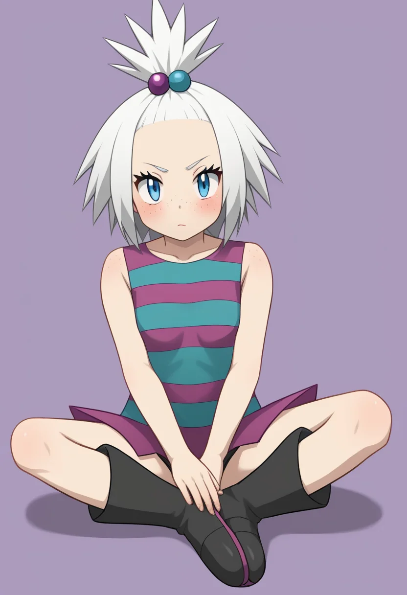 <lora:butterfly_sitting:1>,1girl, alternate_hairstyle, blue_eyes, blush, butterfly_sitting, freckles, full_body, hair_bobbles, hair_down, knee_boots, looking_at_viewer, purple_background, roxie_\(pokemon\), short_hair, simple_background, solo, striped_clothes, striped_shirt, unworn_hair_ornament, white_hair