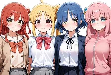 masterpiece, best quality,
(k1500:1.25), portrait, standing, looking at viewer, blush, dynamic pose, (dutch angle:0.5),
4girls,
BREAK
yamada ryo, blue hair, short hair, yellow eyes, hairclip, (white shirt:0.8),
ijichi nijika, blonde hair, red eyes, side ponytail, ahoge, polka dot ribbon, (green jacket:0.8),
BREAK
gotoh hitori, (pink jacket:0.8), pink hair, long hair, blue eyes, hair ornaments,
BREAK
kita ikuyo, (brown jacket:0.8), red hair, green eyes,
simple background,
