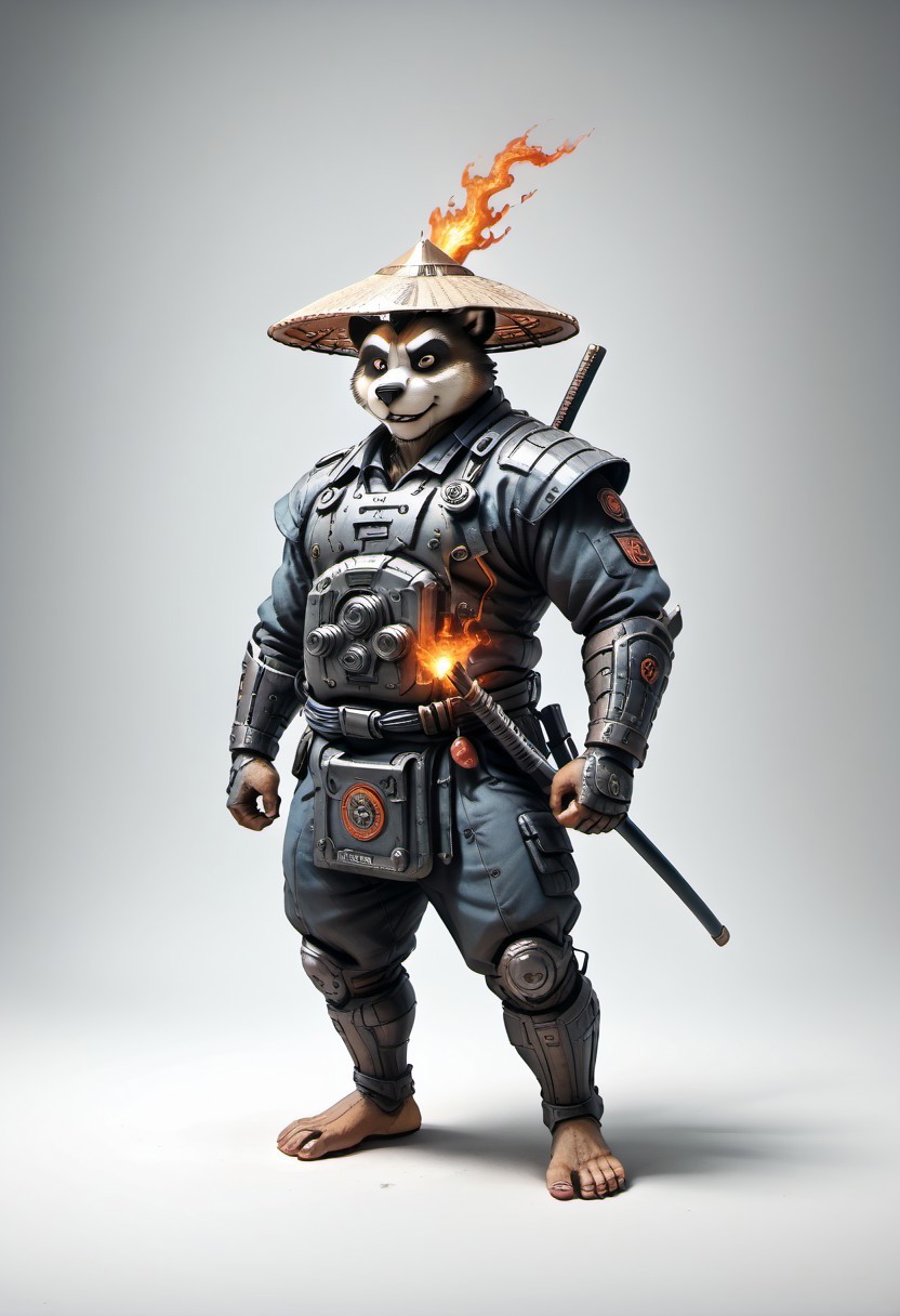 masterpiece, best quality, newest,
 eyecatching composition, dynamic pose, dynamic angles, detailed background of bamboo forest, Asian conical hat, strawhat, conical hat,
A Shadow faster than the light
Like cosmic fire his presence is
Shining in the night
Born from high technology
Too fast for human eyes to see
A soldier made of cyber steel
Create to kill the enemy
By neutreon power he is ready to strike
Can you feel the fire
See the anger in his burning eyes
He's the Super Sonic Samurai
By jetpack power he's ready to fly
He's the Super Sonic Samurai
Laser Katana high up to the sky
For the Super! Sonic Samurai!
barefoot plantigrade furry male, panda bear, chubby