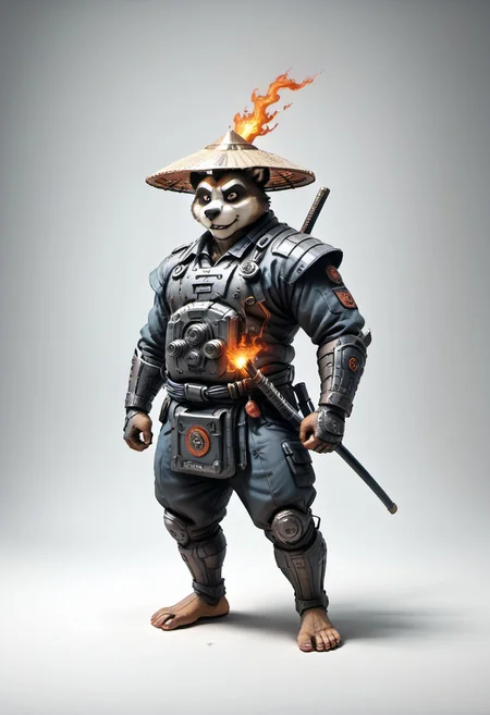 masterpiece, best quality, newest,
eyecatching composition, dynamic pose, dynamic angles, detailed background of bamboo forest, Asian conical hat, strawhat, conical hat,
A Shadow faster than the light
Like cosmic fire his presence is
Shining in the night
Born from high technology
Too fast for human eyes to see
A soldier made of cyber steel
Create to kill the enemy
By neutreon power he is ready to strike
Can you feel the fire
See the anger in his burning eyes
He's the Super Sonic Samurai
By jetpack power he's ready to fly
He's the Super Sonic Samurai
Laser Katana high up to the sky
For the Super! Sonic Samurai!
barefoot plantigrade furry male, panda bear, chubby