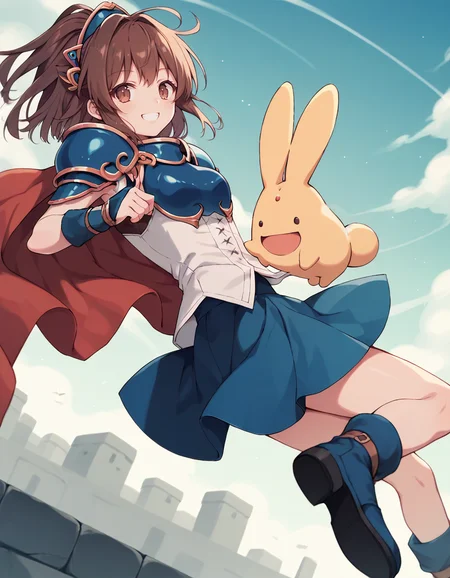 <lora:Puyoarle_SDXL_pony_fp16_ver05:1>,arleP4, 1girl,brown hair,bangs,hair updo,tiara, brown eyes, armor, blue skirt,red cape,blue boots,cross-laced shirt,fingerless gloves,smile,from behind,jumping creature, score_9, score_8_up, score_7_up, BREAK source_anime, rating_questionable, best quality, masterpiece, uncensored,[pony diffusion V6 is trained by PurpleSmartAI:100]