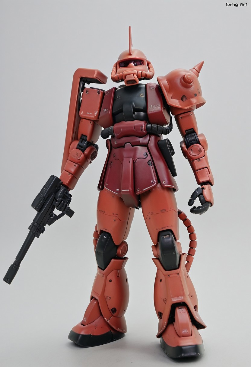 Gunpla, zeon, 4k quality, detailed, dramatic lighting, (chars zaku, gundam, robot), (no humans:1.1), best quality, masterpiece, simple background