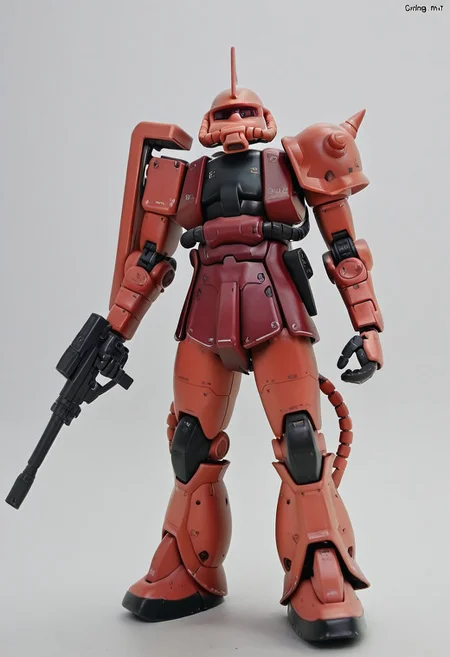 Gunpla, zeon, 4k quality, detailed, dramatic lighting, (chars zaku, gundam, robot), (no humans:1.1), best quality, masterpiece, simple background
