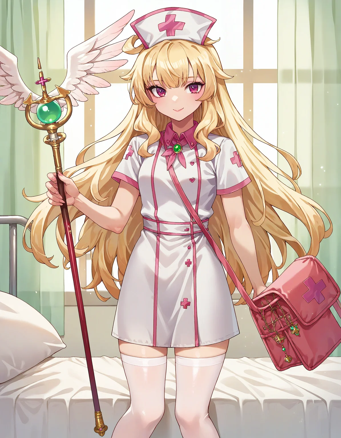 score_9, score_8_up, score_7_up, source_anime, detailed,
1girl, nobeta \(nurse\),
hospital bed, light smile, holding staff, winged staff
<lora:char_nobeta-pony-rls:1>