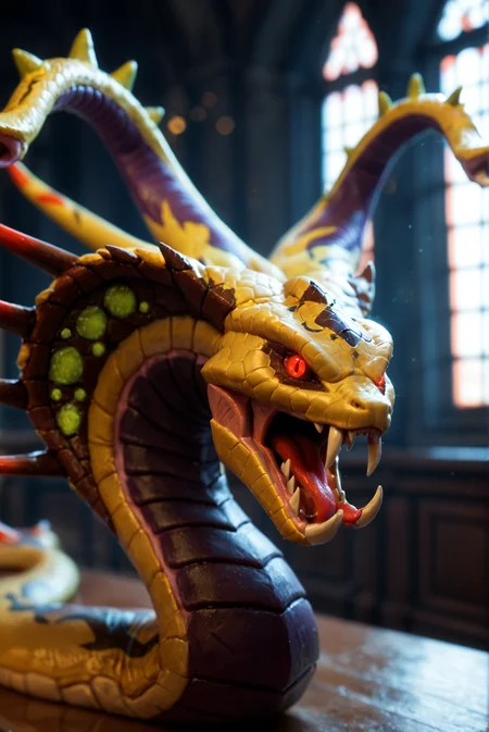 <lora:venomancer_v1:0.8>
venomancer_v1,
pokemon (creature), no humans, monster, duel monster,
dragon, snake,
fangs,spikes, claws, horns, tail,
red eyes, glowing eyes,
teeth, tongue, sharp teeth,, score_9, score_8_up, score_7_up, solo,
blur censor, blurry, blurry background, blurry foreground, bokeh, motion blur,
chromatic aberration, depth of field, figure, focused, focus
elegant, gorgeous, intricate design, dramatic lighting, dramatic angle, window, palace courtyard,, looking at viewer, regal and composed,