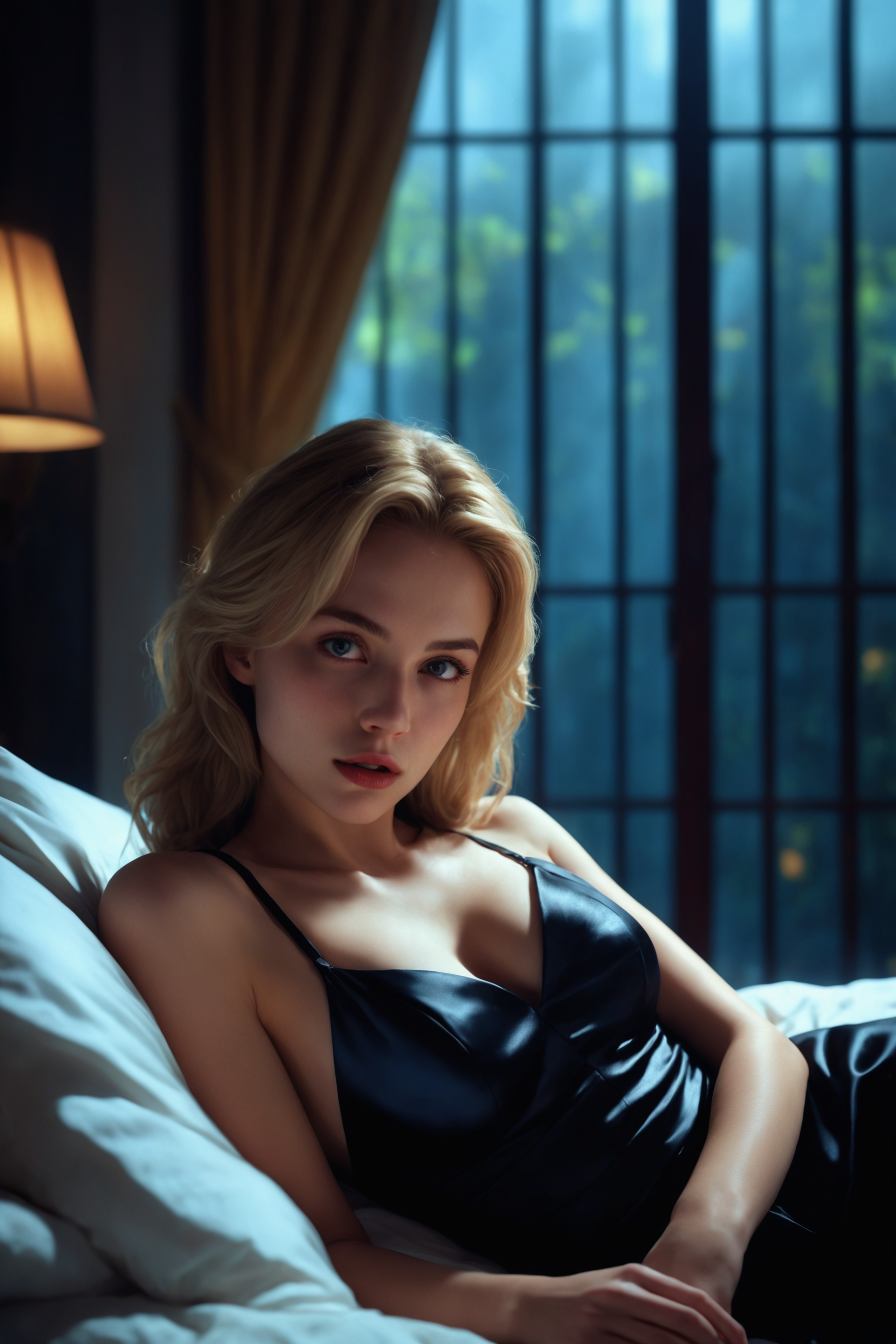 a young woman, pose <lora:LayingSidePoseSDXL:1> lying, on side, sidelay, hand on hip, blonde hair, black evening dress, hand on head, on a bed in a mansion bedroom at night,  pillow, realistic, photo-realistic, ultra-detailed, detailed pupils, detailed eyes, detailed lips, beautiful dynamic dramatic dark moody lighting, shadows, cinematic atmosphere, concept design art