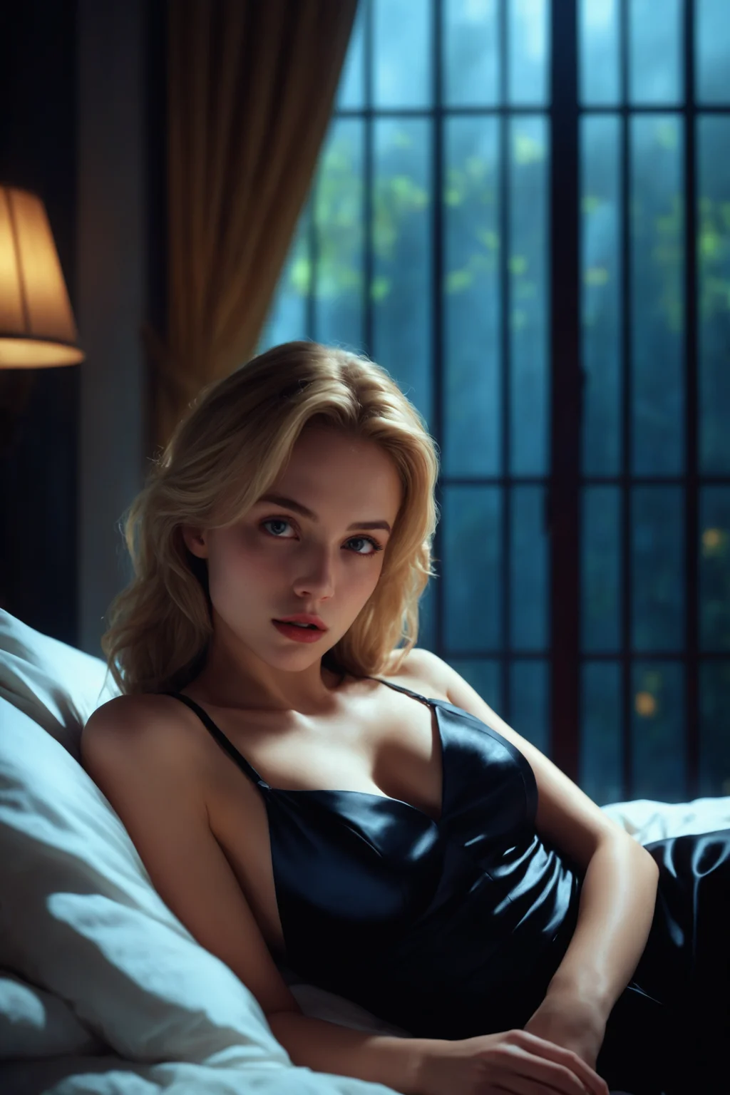 a young woman, pose <lora:LayingSidePoseSDXL:1> lying, on side, sidelay, hand on hip, blonde hair, black evening dress, hand on head, on a bed in a mansion bedroom at night, pillow, realistic, photo-realistic, ultra-detailed, detailed pupils, detailed eyes, detailed lips, beautiful dynamic dramatic dark moody lighting, shadows, cinematic atmosphere, concept design art