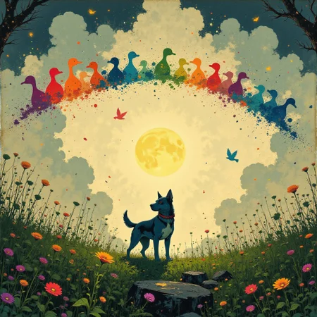 The image presents a delightful and whimsical scene, bursting with vibrant colors and playful details. At the center of the composition, a single dog, depicted in a striking and vibrant indigo hue, stands proudly on a lush green meadow. The dog’s posture is calm and confident, drawing the viewer's eye beneath a radiant arc of 12 rainbow-colored ducks soaring gracefully above.
The arc of ducks is meticulously arranged, each bird glowing in a different shade of the rainbow, creating a harmonious and captivating visual spectacle. The background is bright and cheerful, dominated by a large smiling sun breaking through a blanket of gray rain clouds. The clouds are scattered and textured, giving the impression of a passing rainstorm, adding a sense of dynamic movement to the scene.
The meadow below is alive with color and detail, covered in lush green grass and dotted with vibrant wildflowers in shades of red, yellow, purple, and blue. Adding to the charm, a few tiny, colorful bugs hover and flit about, their delicate wings catching the light. The overall mood of the image is joyful and serene, rendered in a slightly surreal and painterly style that combines intricate details with a lighthearted tone, celebrating the beauty of nature and imagination.