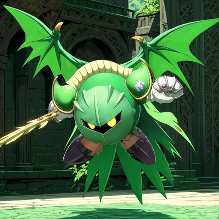 MetaknightXL, mask, yellow eyes, sword, wings, cape, action pose, intense <lora:MetaknightXL:1>, green outfit, (anime, masterpiece, intricate:1.3), (best quality, hires textures, high detail:1.2), (4k),(incredibly detailed:1.4),UHD, 8K, ultra detailed