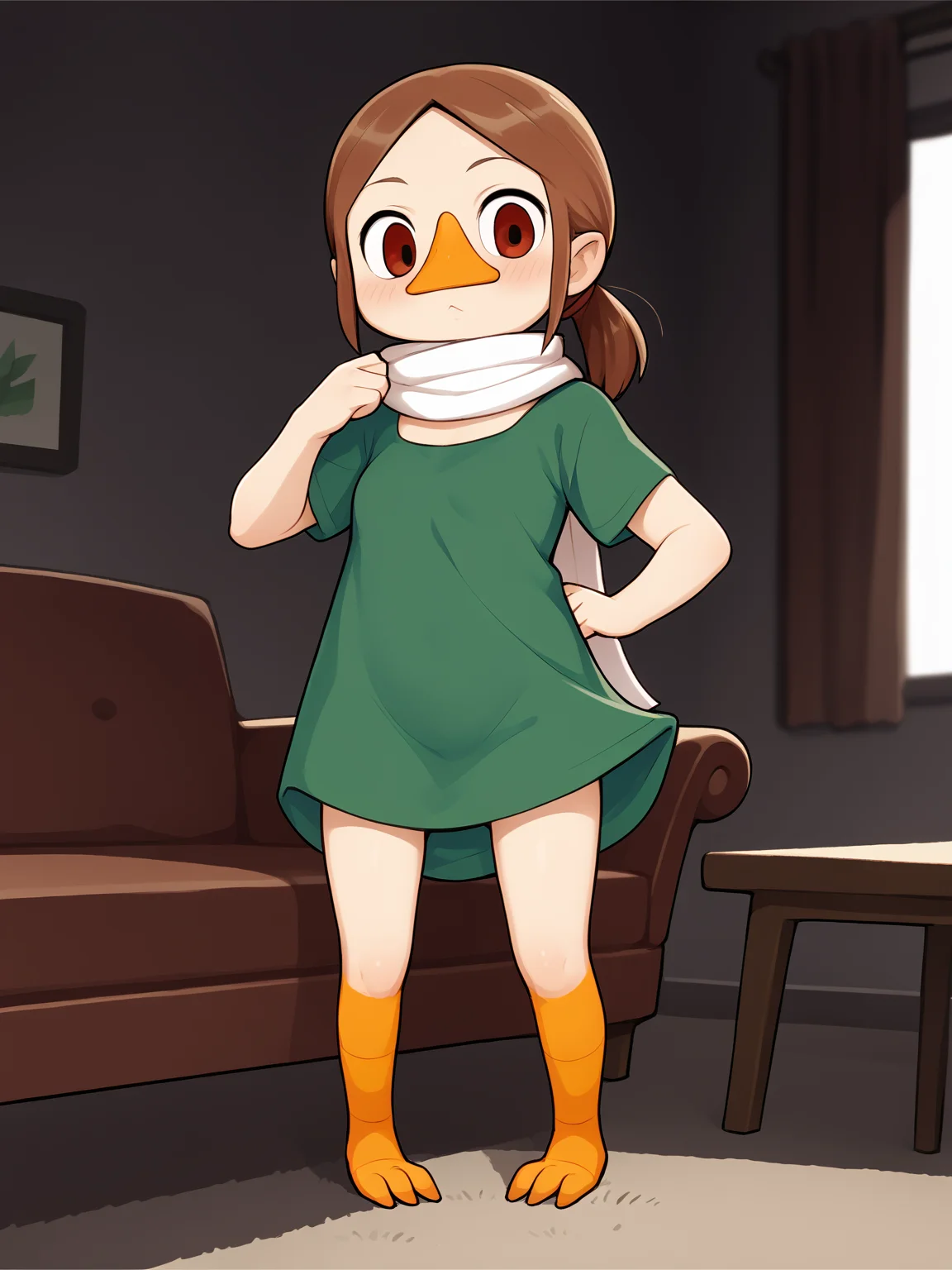score_9, score_8_up, score_7_up, (standing, curiosity, closed mout, blush, cute,, ), <lora:Medli:0.9>, brown hair, ponytail, beak, bird feet, young, small breasts, flat chest, looking at viewer, room, couch,
green tunic, red tunic, white scarf,