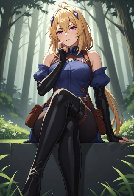 zPDXL3, score_9_up, score_8_up, score_7_up, (Anime_source), 1girl, Ines Harness from Parry, purple eyes, blonde hair, long hair, low tie ponytail, parted lips, STANDING ON WHITE BACKGROUND, air_bow, red_bow, red_ribbon, bare_shoulders, elbow_gloves, belt, bet_pouch, fingerless_gloves, shirt, detached_sleeves, black_shorts, thigh_boots sitting_pose, hand_on_own_knee, hand_on_own_thigh, hand_on_own_chin, crossed_legs, looking_at_viewer, pout, slight_smile, light_blush, parted_lips, amaranth_forest, towering_trees, glowing_mist, bioluminescent_flowers, peaceful_wildlife, ethereal_light, mystical_vibes, tranquil_aura, vibrant_foliage, glowing_fog, magical_atmosphere, fantasy_nature, painterly_style