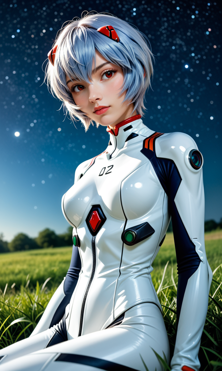 score_9, score_8_up, score_7_up, (RAW photo), (upper body photo), (fashion photography), skinny fashion cute italian model, (Rei Ayanami), white evangelion bodysuit, flirting, red eyes, sitting on green grass, starry sky, detailed face, (beautiful night background), (intricate details), (dynamic angle), (cinematic lights), seductive, innocent, (realistic skin:1.4), sharp, (analog film grain)