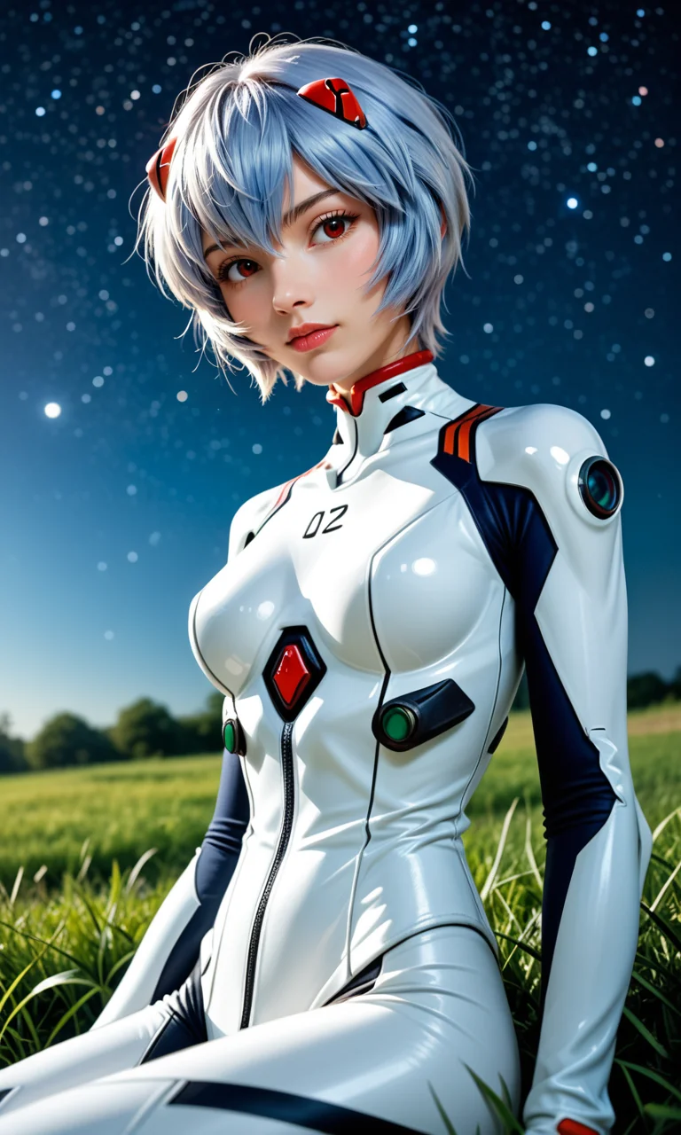 score_9, score_8_up, score_7_up, (RAW photo), (upper body photo), (fashion photography), skinny fashion cute italian model, (Rei Ayanami), white evangelion bodysuit, flirting, red eyes, sitting on green grass, starry sky, detailed face, (beautiful night background), (intricate details), (dynamic angle), (cinematic lights), seductive, innocent, (realistic skin:1.4), sharp, (analog film grain)