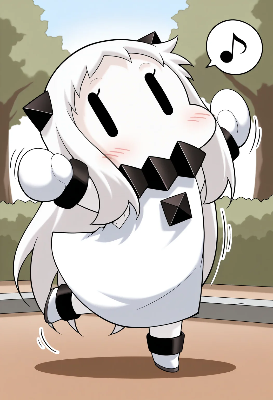 masterpiece, best quality, good quality, newest, <lora:Hoppochan:1>, Hoppochan, chibi, 1girl, colored skin, white skin, horns, white hair, long hair, outdoors, park,
black collar, white mittens, sleeveless dress, white dress,
looking at viewer, dancing, arms up, \|_\| , motion lines, spoken musical note
