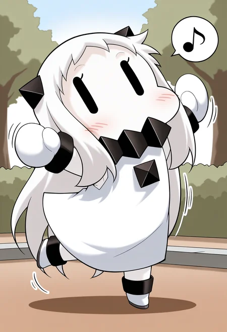 masterpiece, best quality, good quality, newest, <lora:Hoppochan:1>, Hoppochan, chibi, 1girl, colored skin, white skin, horns, white hair, long hair, outdoors, park,
black collar, white mittens, sleeveless dress, white dress,
looking at viewer, dancing, arms up, \|_\| , motion lines, spoken musical note