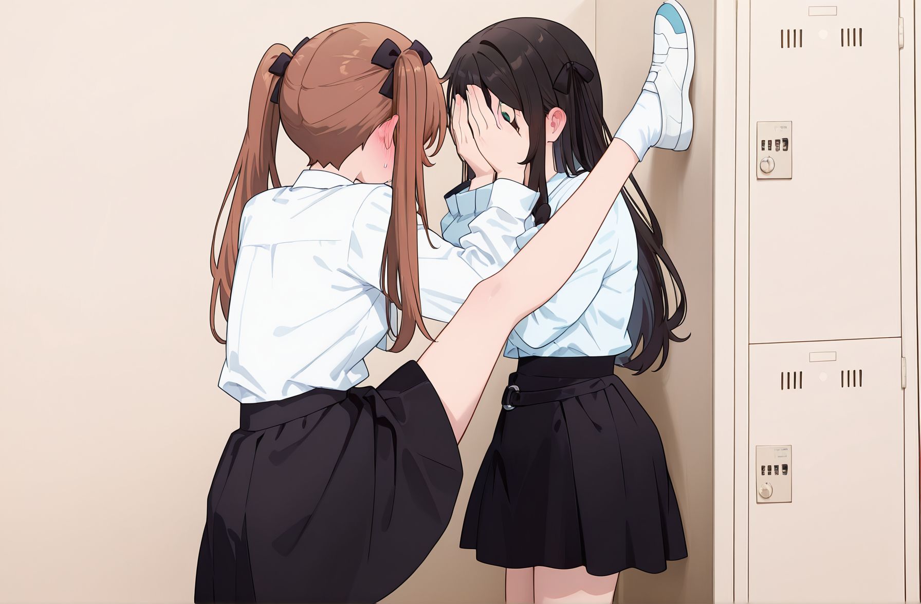 masterpiece,best quality,amazing quality,very aesthetic,absurdres,newest, huge filesize,
<lora:spo_sdxl_10ep_4k-data_lora_webui:0.5>,anime coloring, anime screenshot, flat color, 
<lora:add-detail-xl:0.8>
locker_foot_kabedon_(meme), against wall, 2girls,  covering face, blush, <lora:locker_foot_kabedon_meme-000006:0.9>
<lora:girumasu:1>girumasuV1,
skirt, g_alina,
long hair,shirt,long sleeves, 
white shirt,
black skirt, 
black hair , 
brown hair, twintails,
