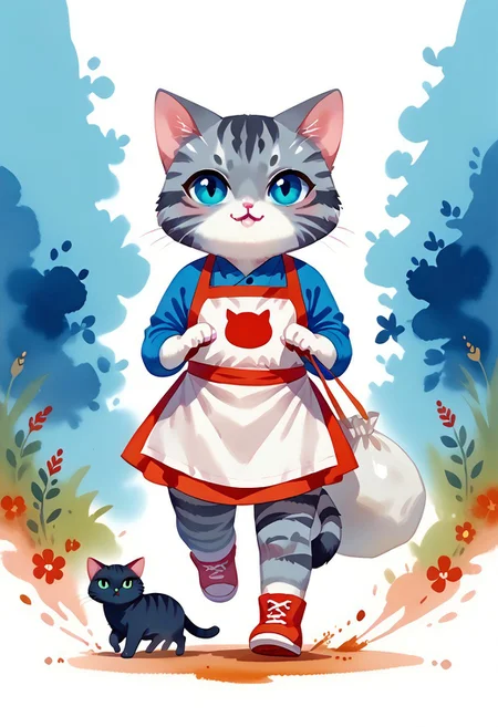 score_7_up, score_8_up, score_9, (full body:1.15), cat, animal kitten, chibi animal cat, Kus1cat, Chibi Art Style, furr,
cute cat, game character, very cute, chef, watercolor style,
(gray striped cat with an apron running with a sack of flour:1.21),
(detailed background:1.23), HQ,