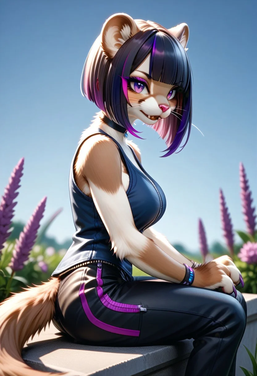 score_9, score_8_up, score_7_up, (view from the side:2), source_furry, slender, slim, fit, WSG02, weasel girl, furry weasel, weasel ears, weasel tail, paws, sitting, (black hair, short hair, blunt bob cut, (blunt bangs:1.5), (violet highlights:1.6)), large breasts, choker, bracelets, sleeveless, blue vest, zipper, black pants