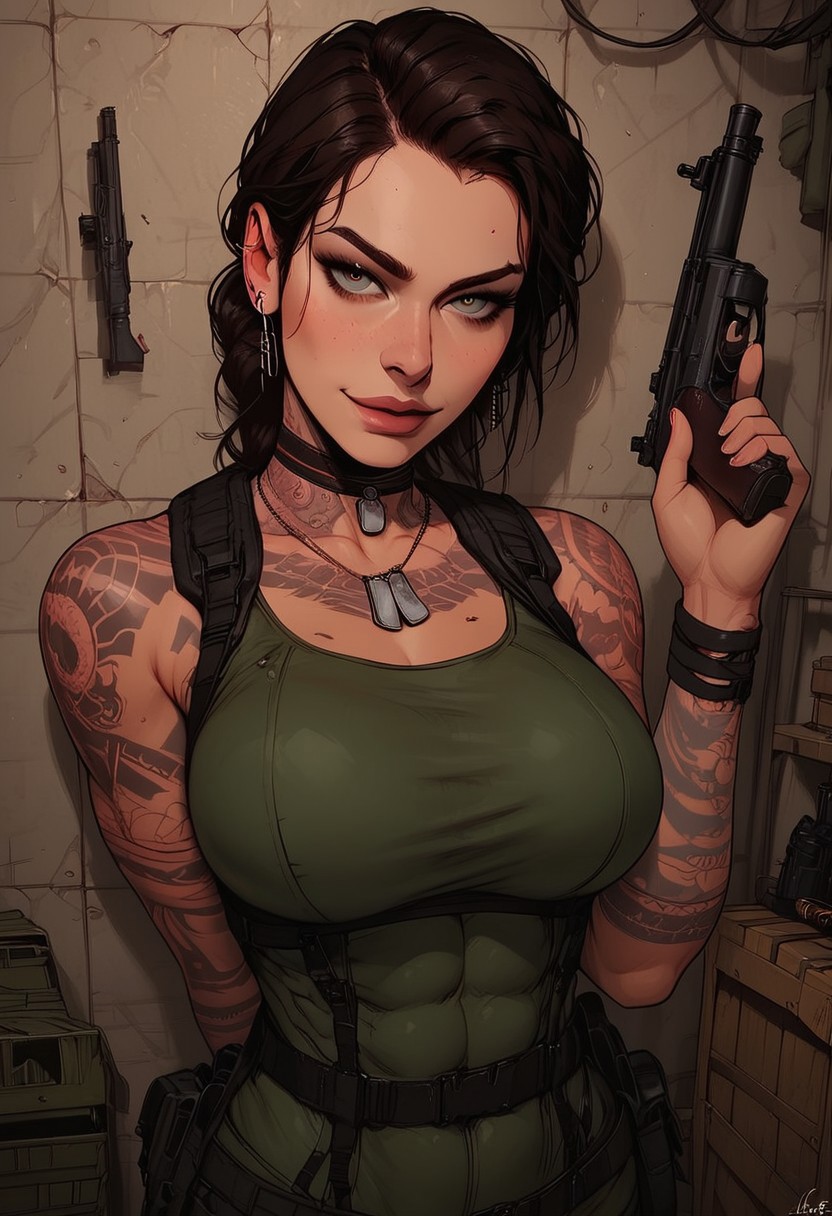 Score_9, Score8_up, Score_7_up, (((High Resolution, Best Quality))), 
1girl, solo, toned arms, Covered in Tattoos, neck tattoos, hair tied up, 
revealing bodysuit, tactical, military gear, large breasts, choker, dog tags, ear piece, call of duty, 
seducing, seductive, flirty, tender, loving, playful, looking at viewer, smug, 
Leaning against wall, holding gun, inspecting gun,  
inside, Military, military base, military barracks, cots, crates, military boxes, guns, bullets, supplies,