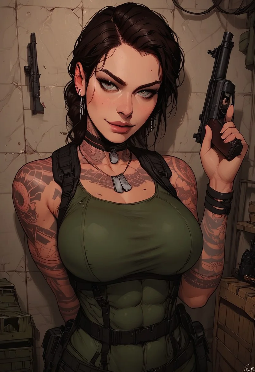 Score_9, Score8_up, Score_7_up, (((High Resolution, Best Quality))),
1girl, solo, toned arms, Covered in Tattoos, neck tattoos, hair tied up,
revealing bodysuit, tactical, military gear, large breasts, choker, dog tags, ear piece, call of duty,
seducing, seductive, flirty, tender, loving, playful, looking at viewer, smug,
Leaning against wall, holding gun, inspecting gun,
inside, Military, military base, military barracks, cots, crates, military boxes, guns, bullets, supplies,