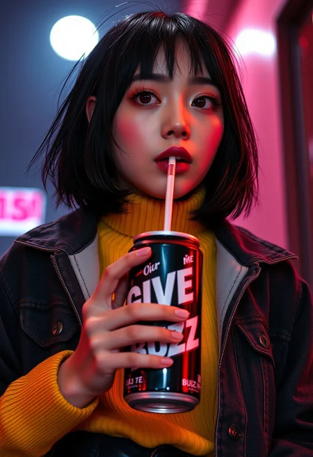 18years old, (best quality),(masterpiece),(ultra detailed) raw lighting, harsh flash,score_9, score_8_up, score_7_up, score_6_up,masterpiece, ultra-realistic 8k, (best quality), highly detail, sharp, detailed,higher resolution textures, 4k graphic resolution,1girl, solo,asian beautiful girl,upper body,perfect eyes, goth girl,black eyes,shiny skin,bob cut, Red eyeshadow,ultra long eyelashes , upturned eyes ,looking at after,lens flare,beautiful color, detailed, amazing quality  ,black platform  Loafer,black baggy pants, Denim jacket,open jacket,yellow turtleneck sweater,Red eyeshadow, long eyelashes , upturned eyes , 1girl, upper body,standing,looking up, Extreme low angle, a black soda can of GIVE ME Buzz in white text,drinking canned juice through a straw,straw in mouth,moon light