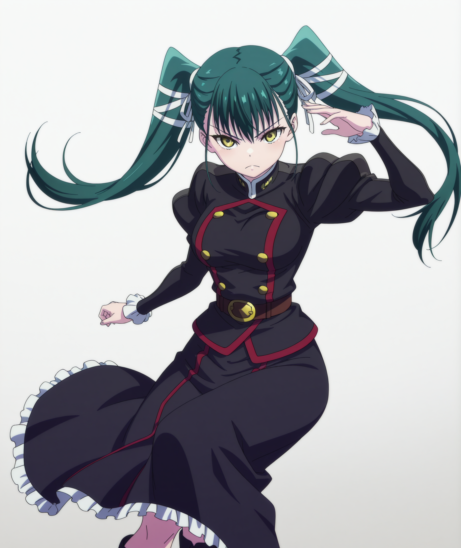 official art, absurdres, highres, anime coloring, hi res, best quality, masterpiece, 2d, intricate details, 4k,
1girl, solo, long hair, bangs, black hair, bow, twintails, yellow eyes, hair bow, green hair, 
breasts, medium breasts, shirt, long sleeves, jacket, belt, black jacket, uniform, military, military uniform, juliet sleeves, frilled sleeves, 
skirt, long dress, long skirt, black skirt, frilled skirt, boots, 
looking at viewer, 
depth of field, white background, gradient background, <lora:Yachiho_Azuma_ILXL:1>, mato seihei no slave, azuma yachiho,