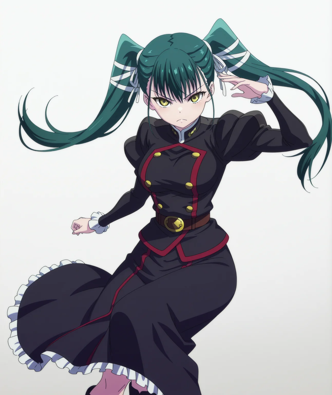 official art, absurdres, highres, anime coloring, hi res, best quality, masterpiece, 2d, intricate details, 4k,
1girl, solo, long hair, bangs, black hair, bow, twintails, yellow eyes, hair bow, green hair,
breasts, medium breasts, shirt, long sleeves, jacket, belt, black jacket, uniform, military, military uniform, juliet sleeves, frilled sleeves,
skirt, long dress, long skirt, black skirt, frilled skirt, boots,
looking at viewer,
depth of field, white background, gradient background, <lora:Yachiho_Azuma_ILXL:1>, mato seihei no slave, azuma yachiho,