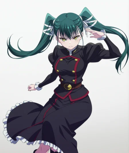 official art, absurdres, highres, anime coloring, hi res, best quality, masterpiece, 2d, intricate details, 4k,
1girl, solo, long hair, bangs, black hair, bow, twintails, yellow eyes, hair bow, green hair,
breasts, medium breasts, shirt, long sleeves, jacket, belt, black jacket, uniform, military, military uniform, juliet sleeves, frilled sleeves,
skirt, long dress, long skirt, black skirt, frilled skirt, boots,
looking at viewer,
depth of field, white background, gradient background, <lora:Yachiho_Azuma_ILXL:1>, mato seihei no slave, azuma yachiho,
