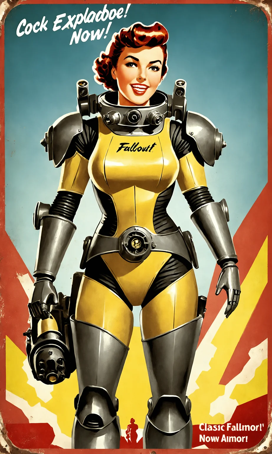 text "Cock Explode Now!", poster of a woman wearing fallout power armor, classic waves, falloutpostsdxl,<lora:falloutpostsdxl:0.8>, 1960s \(style\), classic ad,