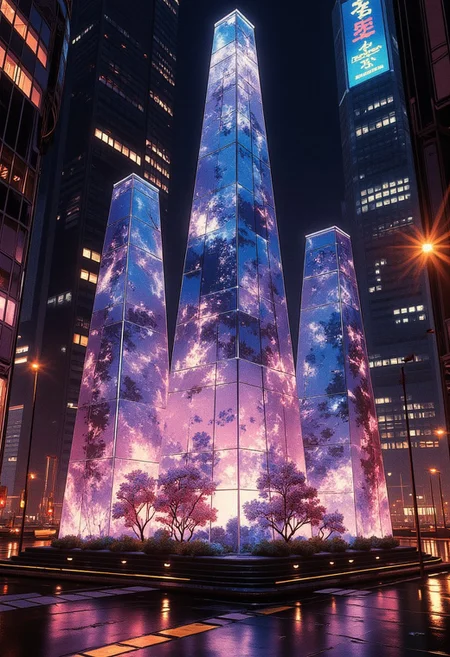 OBsgdys, A digital anime artwork in the style of cklg, glass pyramids, built from futuristic reflective nano-glass, reflecting the city around them, night, neon signs, bokeh
