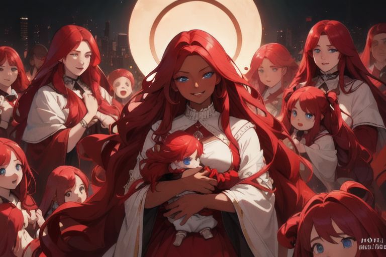 (masterpiece, best quality:1.5), (ultra realistic:1.5), (8k uhd, very high quality:1.5), (extremely detailed face:1.5), (everyone has ruby red hair:1.5), (dark skin mother holding an endless amount of infants and surrounded by an endless amount of her children:1.5), (everyone smiling and happy:1.5), (everyone has bright blue eyes:1.5), (everyone has long ruby red hair:1.5), (the woman is surrounded by endless amounts of her children that fill the entire background:1.5), (the woman is surrounded by an endless amount of her children that fill the entire background:1.5), (city background:1.5), (holding an endless amount of infants, dark skin, ruby red hair:1.5)