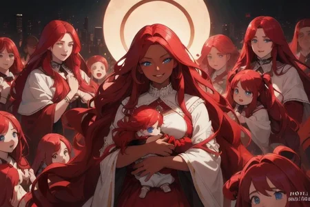 (masterpiece, best quality:1.5), (ultra realistic:1.5), (8k uhd, very high quality:1.5), (extremely detailed face:1.5), (everyone has ruby red hair:1.5), (dark skin mother holding an endless amount of infants and surrounded by an endless amount of her children:1.5), (everyone smiling and happy:1.5), (everyone has bright blue eyes:1.5), (everyone has long ruby red hair:1.5), (the woman is surrounded by endless amounts of her children that fill the entire background:1.5), (the woman is surrounded by an endless amount of her children that fill the entire background:1.5), (city background:1.5), (holding an endless amount of infants, dark skin, ruby red hair:1.5)
