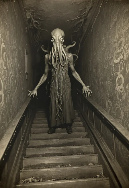 antique photo, eerie atmosphere, creepy, descent into madness, cthulhu mythos, nameless ones, horror, lovecraft, <lora:Antique_Photo:1>
