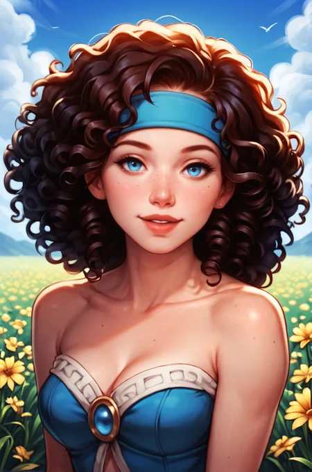 high quality, one girl, happy, beautiful appearance, curly hair, headband, lush eyelashes, sexy body, in a light summer dress, is on a flower field, blue sky, white fluffy clouds, looking at the viewer <lora:43stl1ght1ngXLP2:0.5> <lora:alexchow:1>, score_9, score_8_up, score_7_up