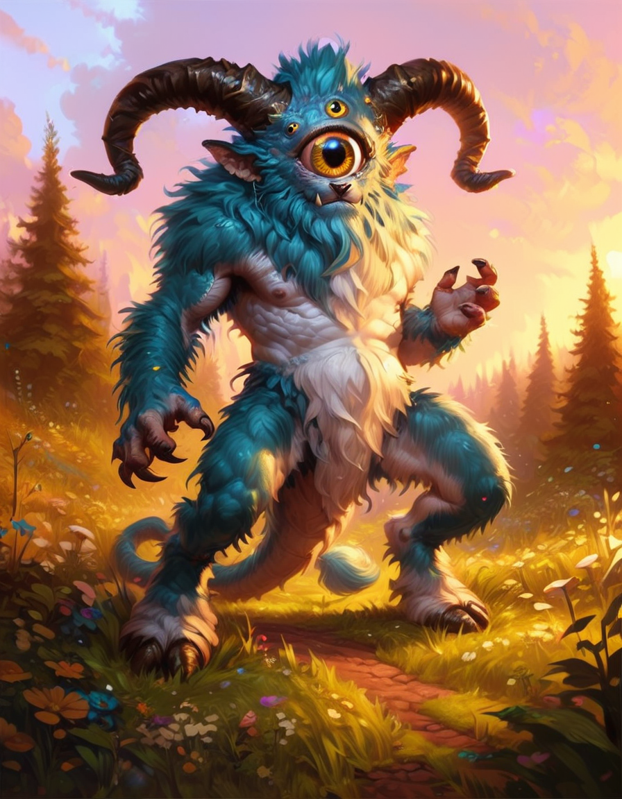 ral-cyclops, score_9, score_8_up, score_7_up, score_6_up, score_5_up, score_4_up, solo,standing,tail,full_body,flower,outdoors,horns,sky,tree,no_humans,grass,nature,realistic,yellow_flower <lora:ral-cyclops-pony:1>