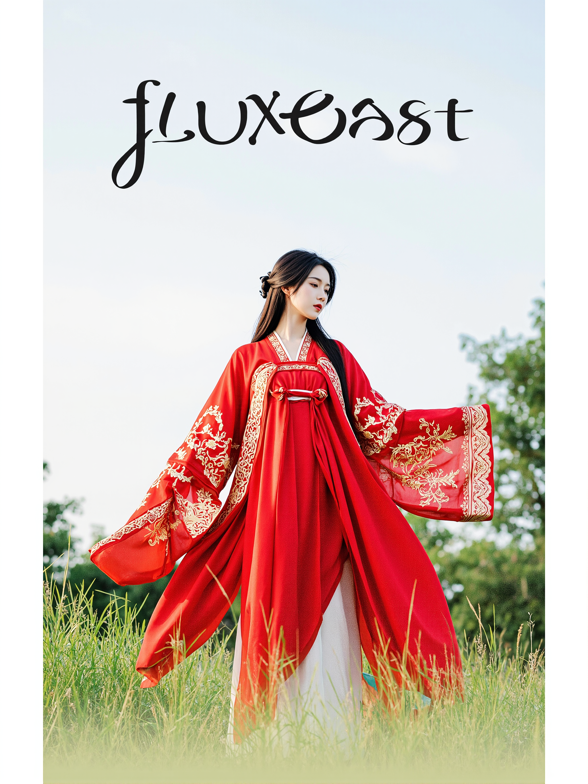 This is a clear, Hanfu style photo. In the photo, a woman dressed in a red Hanfu stands on the grass. Her clothes are vibrant with golden patterns. Her hair falls gently over her shoulders, looking smooth and shiny. She looks into the distance, seemingly lost in thought. Her expression is calm, giving a sense of tranquility.
There is a prominent artistic font above the picture, which reads' fluxEast 'in English