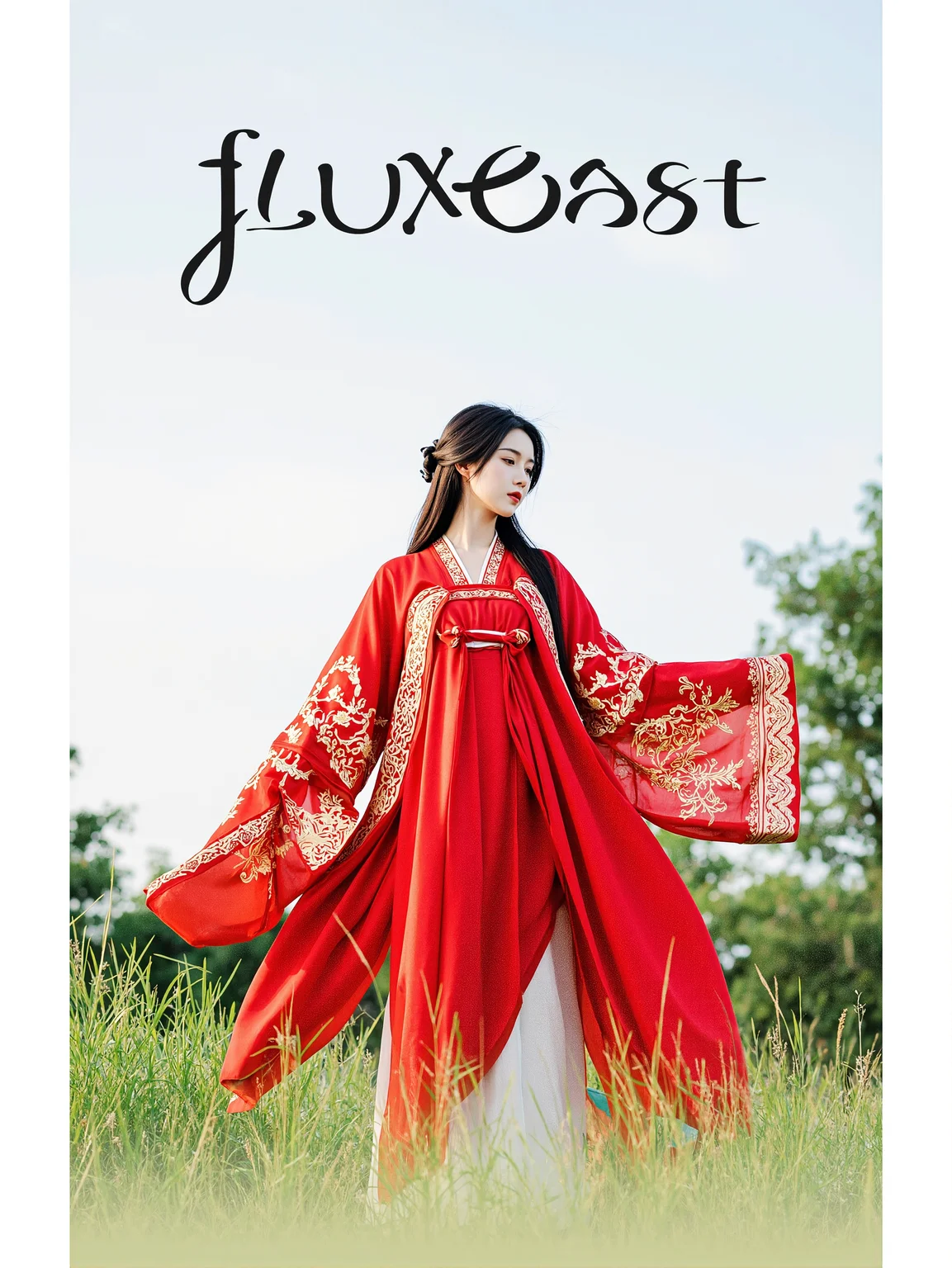 This is a clear, Hanfu style photo. In the photo, a woman dressed in a red Hanfu stands on the grass. Her clothes are vibrant with golden patterns. Her hair falls gently over her shoulders, looking smooth and shiny. She looks into the distance, seemingly lost in thought. Her expression is calm, giving a sense of tranquility.
There is a prominent artistic font above the picture, which reads' fluxEast 'in English