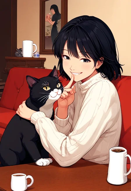 black hair, girl, indoors, sitting, sofa, mug, smile, chin rest, cat on table, cat licking finger, side view