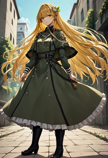 score_9, score_8_up, score_7_up, score_6_up, score_5_up, score_4_up, source_anime, solo, 1girl,
ExoElis, blonde hair, very long hair, Elis hair, hair ornament, yellow eyes, green military uniform, thighboots, black footwear, capelet, long sleeves, Elis uniform,
masterpiece, best quality, very aesthetic, absurdres,