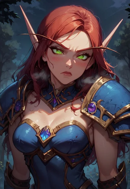 score_9, score_8_up, score_7_up, source anime, anime screencap, masterpiece, expressive eyes, perfect face, cinematic lighting, volumetric lighting, Expressiveh, blood elf from warcraft, red hair , green eyes, warcraft armor, blood elf armor, blue armor boots with high heels, oiled skin, voluptuous, toned, dark theme, low light, solo, musk, breath, ((blush)), small breasts, dynamic pose, seductive pose, half-length photo,half-length portrait, angry, hate, frown, dislike, closed mouth,
outdoors, night, forest,