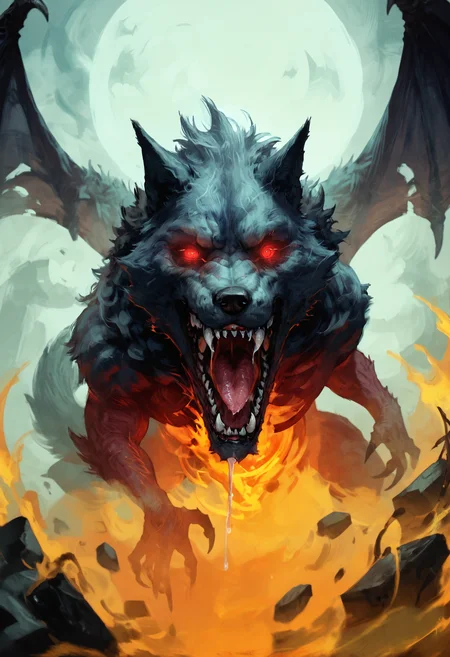 score_9, score_8_up, score_7_up, score_6_up, score_5_up, score_4_up,
<lora:FantasyPaintingsPonyXL:1> pa1nt1ng,
solo, looking at viewer, open mouth, red eyes, teeth, wings, tongue, no humans, saliva, glowing, animal, fangs, sharp teeth, glowing eyes, monster, dripping, wolf, demon, (theme), darkness