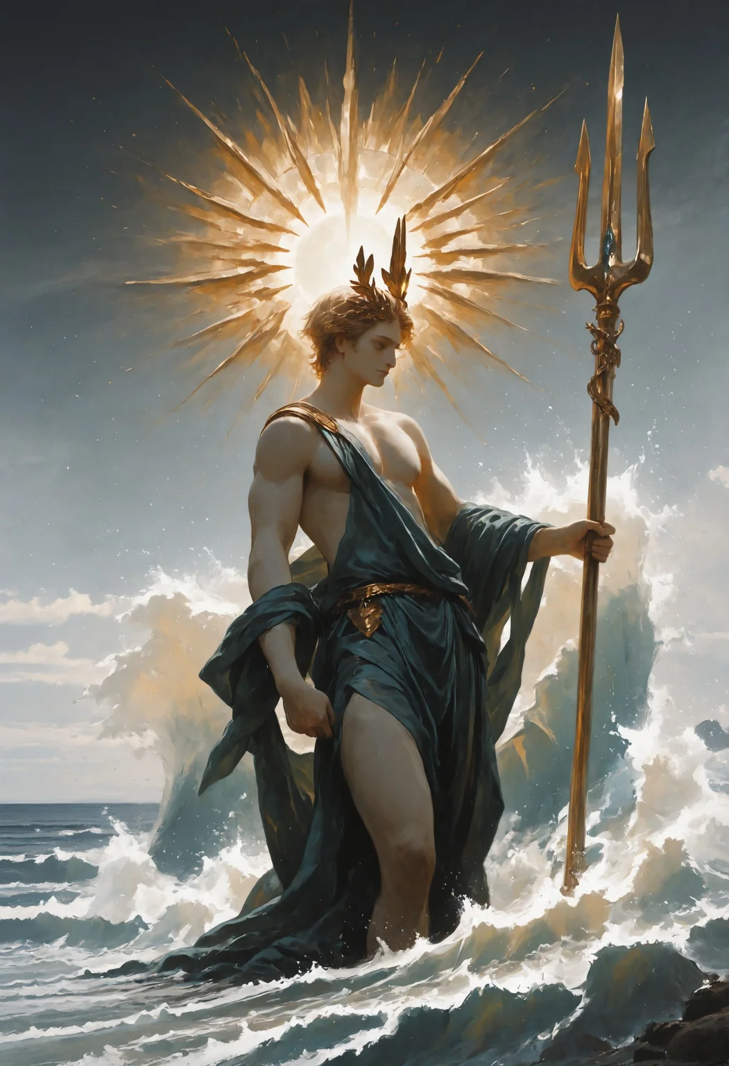 rnsls2, 1man, greek god, solo, curl hair, ocean, poseidon, ancient greek mythology, the god of the sea, nature, outdoors, trident, holding_polearm, muscular, partially undressed, blonde, pale skin, laurel, majestic, waves, masterfully painted, amazing quality, beautifully drawn, incredibly absurdres, best resolution, elegantly detailed, very aesthetic, high quality, high resolution, newest, very_awa, latest, 2025, , <lora:e3fa5c18-014a-4810-9873-3ff582ed3d64:0.9>