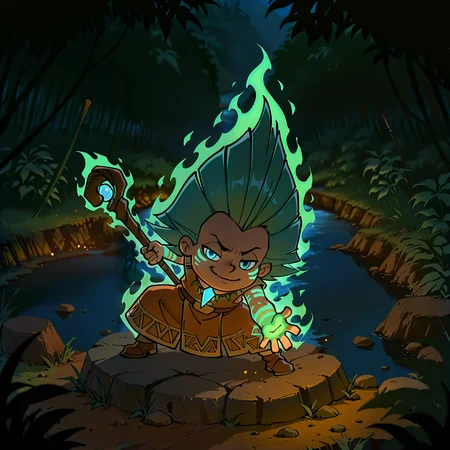 <lora:Neznajka:1.0>, 1 boy, solo, rich colors, badass boy, <lora:princess_xl_v2:0.6>, Neznajka, <lora:aidmaMJ6.1_v0.5_IL:0.6>, strong, druid, blue eyes, , (young:0.9), detailed backgroung,dark fantasy, dynamic, best quality, amazing quality, very aesthetic, absurdres, newest, depth of field, separate focus, dynamic angle, (dynamic composition:1.2), masterpiece, highres, 4k, intricate details,three quarter view, face focus, powerful,druid clothes, nature, (smug:0.8), nature magic, full body, glowing green tattoos, nature aura, arrogant look, dark, night, pitch darkness, (attacking viewer:1.2), battle pose, close to wiewer, battle, glowing, nature magic, river, rocks, green hair, staff, jungle, casting spell