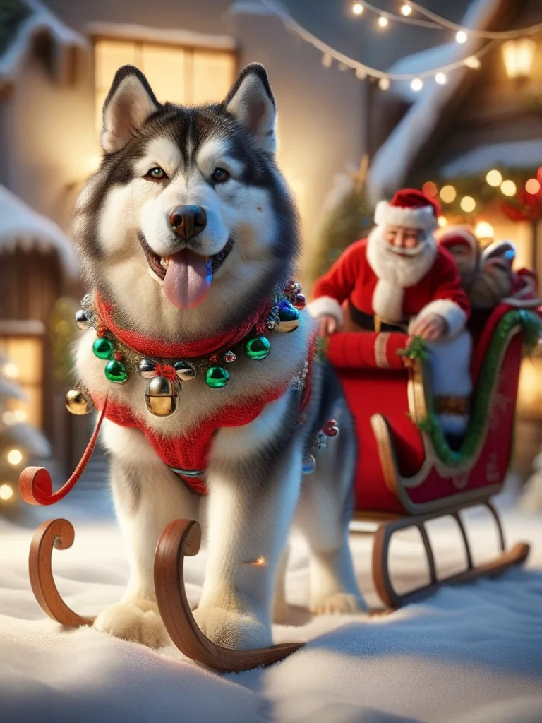 ral-santasleigh, a photorealistic alaskan malamute decorated is pulling Santas sleigh <lora:ral-santasleigh-sdxl:1>