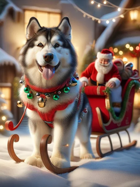 ral-santasleigh, a photorealistic alaskan malamute decorated is pulling Santas sleigh <lora:ral-santasleigh-sdxl:1>