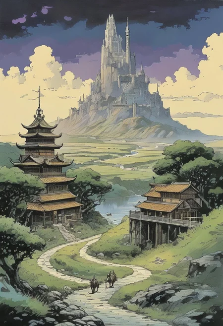 <lora:kallmekris:0.5> kallmekris mixed with <lora:esme_sdxl:0.5> esme , fantasy, fantasy art, comic art by Milo Manara and Frank Frazetta and Studio Ghibli, A dynamic scene depicting the young hero or heroine embarking on their journey. They stand at the edge of a village, with a long road winding into the distance. Along the road, various challenges await: wild animals, treacherous rivers, and enchanted forests. The hero is armed with a magical weapon or talisman, given to them by a wise sage. perfect composition, high contrast, very detailed, high-resolution, commercial, highly detailed