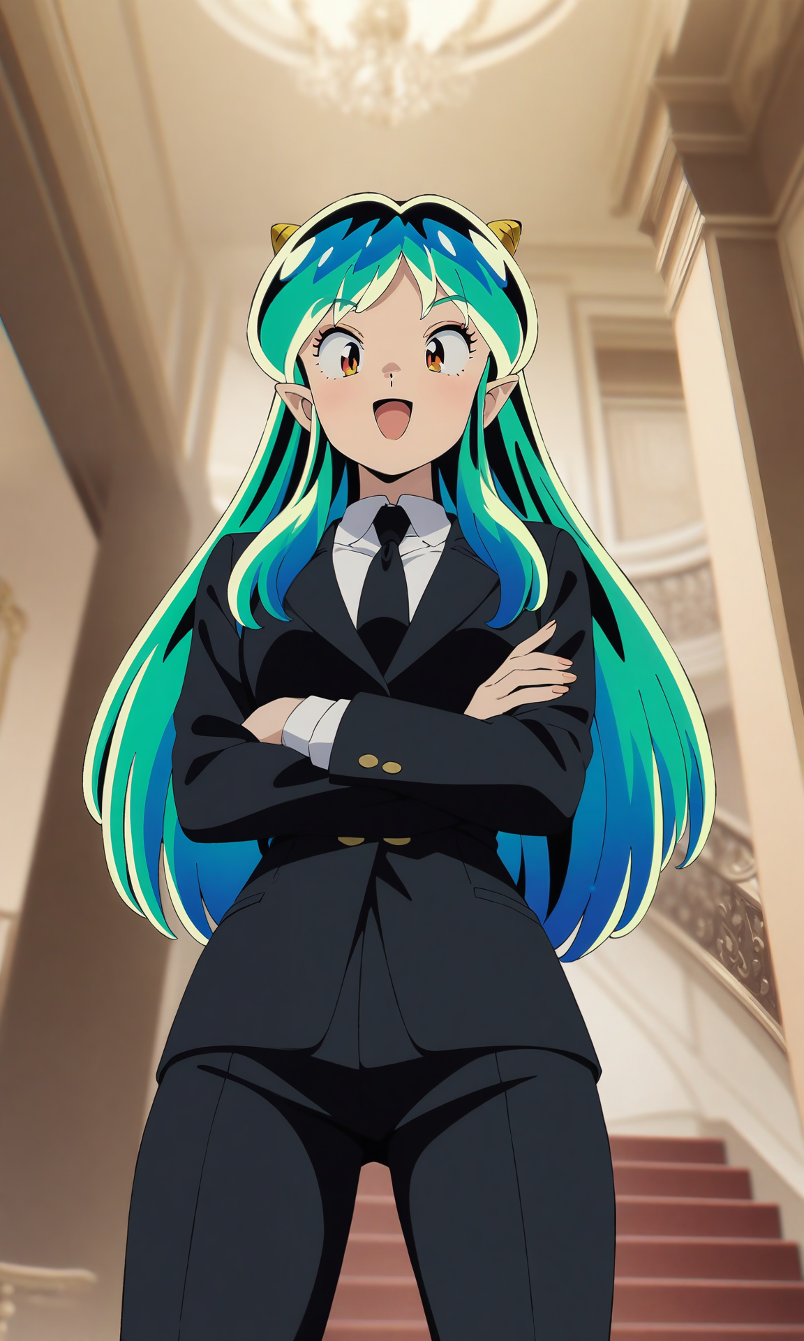 (masterpiece), (best quality), newest, (intricate details, very aesthetic), good hands, 1girl,  <lora:Lum-animagineV2:1>, lumxl, lum,  long hair,green hair, aqua hair, multicolored hair, cone horns, pointy ears, black jacket, black necktie, collared shirt, white shirt, black pants, crossed arms, :d, sunglasses, from below, indoors, room, elegant room, stairs, blurry background, cowboy shot, retro artstyle, looking at viewer,