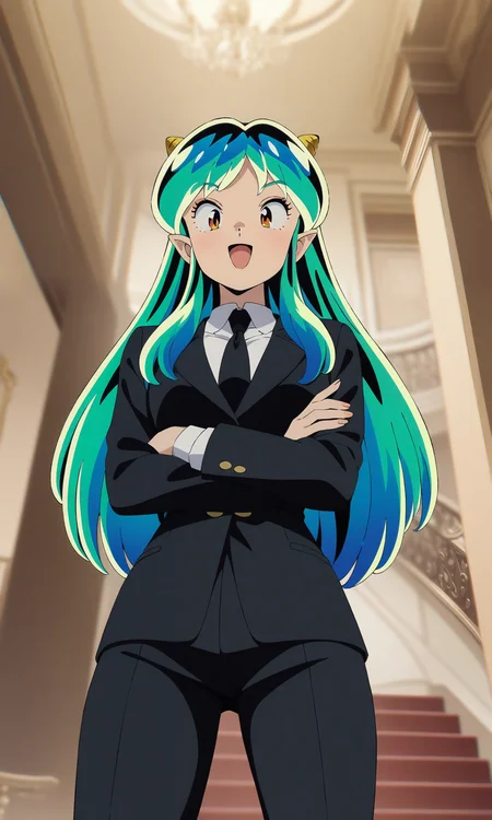 (masterpiece), (best quality), newest, (intricate details, very aesthetic), good hands, 1girl,  <lora:Lum-animagineV2:1>, lumxl, lum,  long hair,green hair, aqua hair, multicolored hair, cone horns, pointy ears, black jacket, black necktie, collared shirt, white shirt, black pants, crossed arms, :d, sunglasses, from below, indoors, room, elegant room, stairs, blurry background, cowboy shot, retro artstyle, looking at viewer,