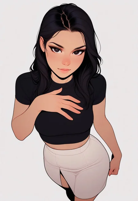 HDR, 8K, high contrast, masterpiece, best quality, amazing quality, very aesthetic, realistic, newest, volumetric lighting,
(artist:incase:0.5), (artist:tsuaii:0.75), (flat colors:1.5), (white background:2)
A young woman, evening light, long dark hair, swaying gently in the evening breeze, black crop top, white high-waisted
skirt, exuding effortless confidence, looking at viewer, (from above:2), detailed hands,
